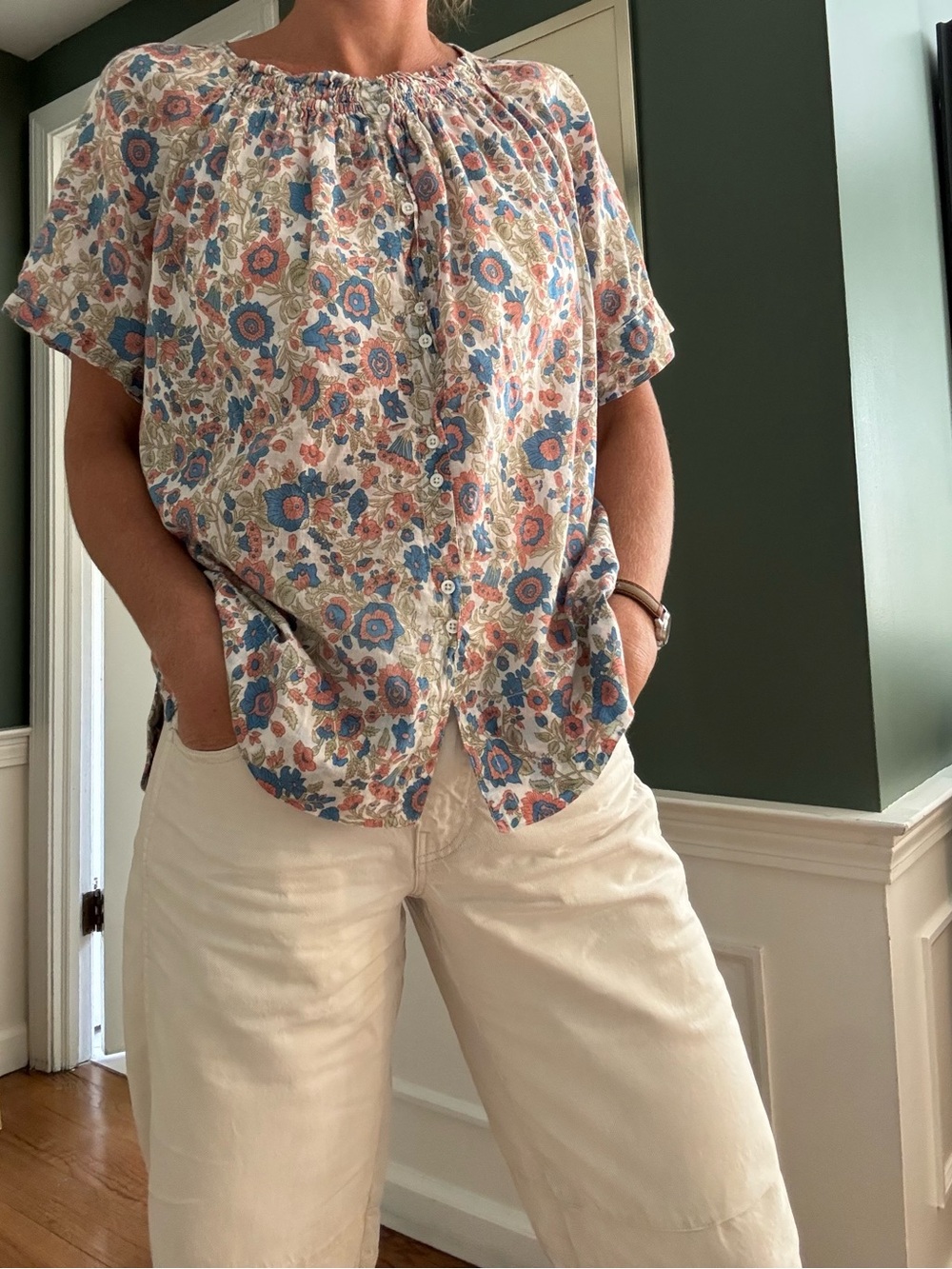 Mirth Blooming Bougainvillea Button-Down Short Sleeve Top handprinted in India